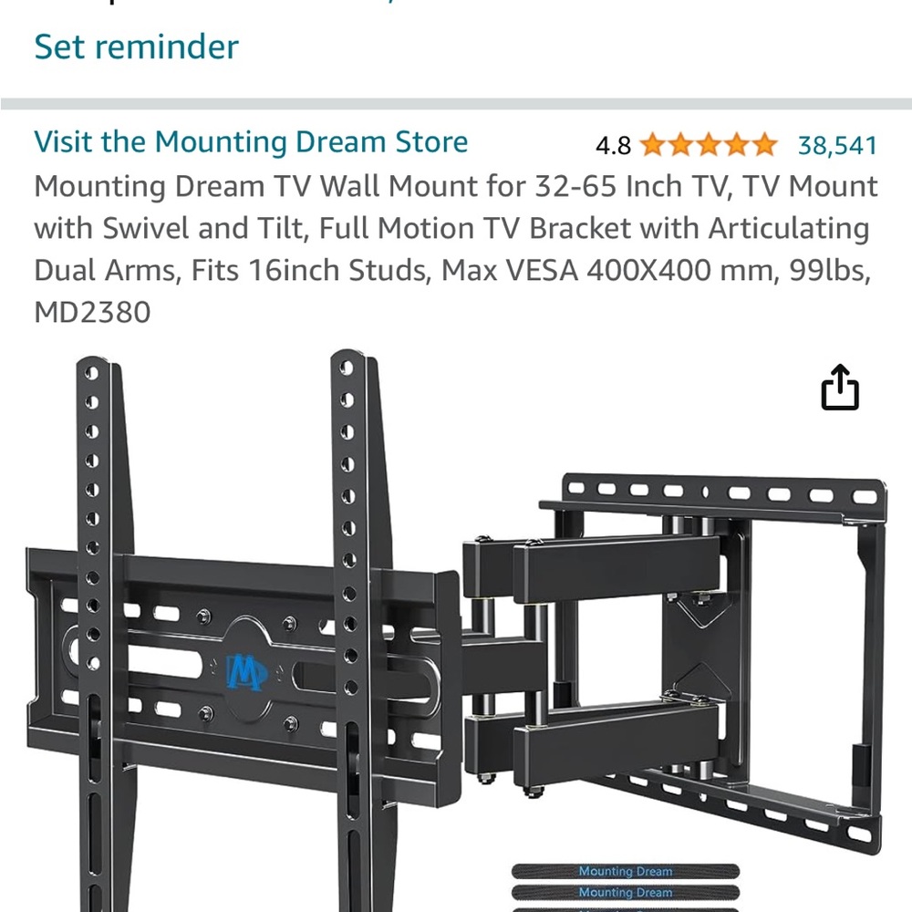 Mounting Type Wall Mount
Articulating, Tilt, Swivel, TV Size 65 Inches